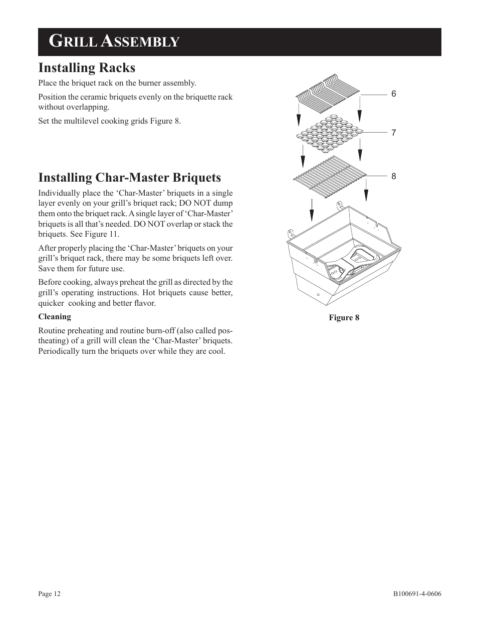 Rill, Ssembly installing racks, Installing char-master briquets | Broilmaster D3-1 User Manual | Page 12 / 24