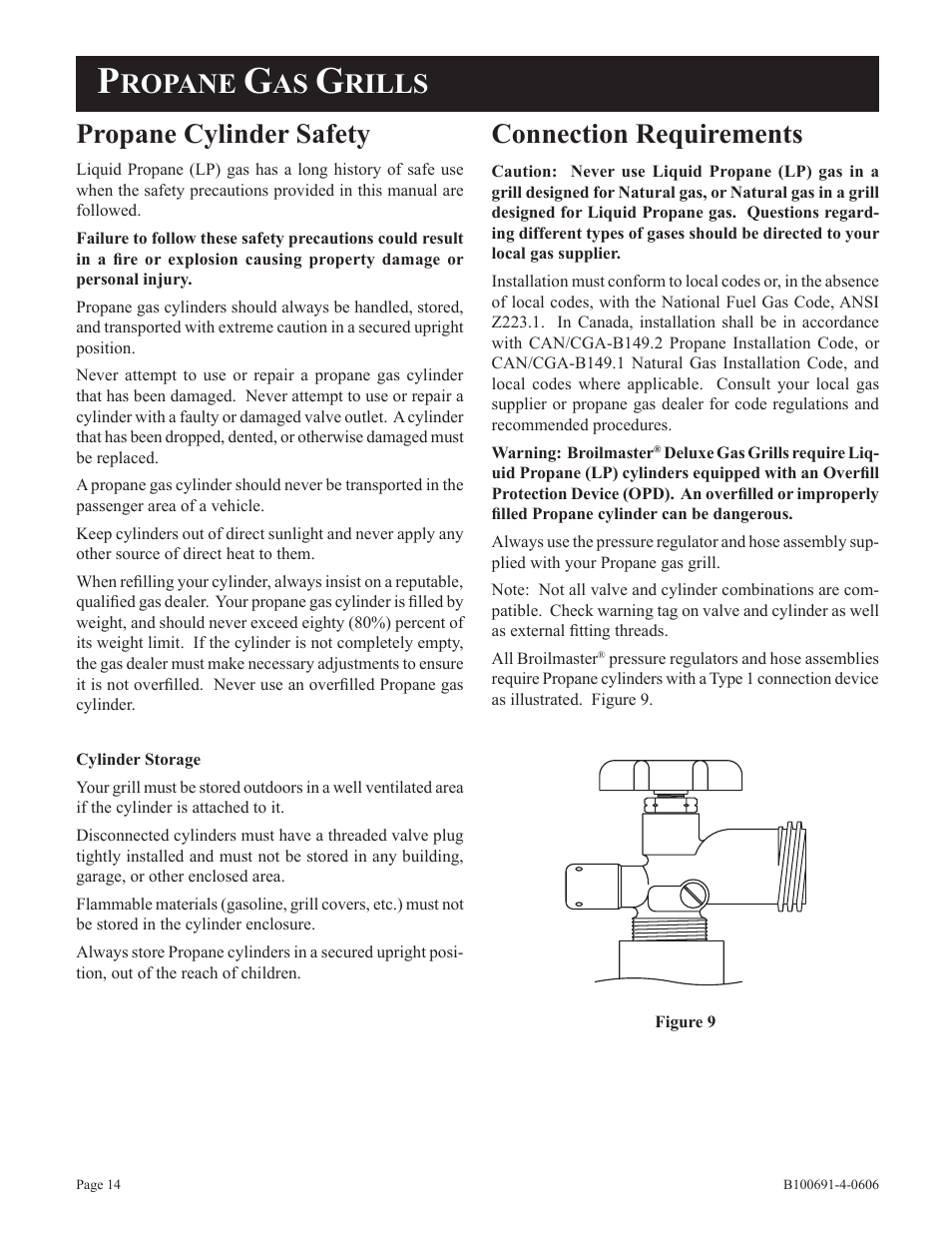 Ropane, Rills propane cylinder safety, Connection requirements | Broilmaster D3-1 User Manual | Page 14 / 24