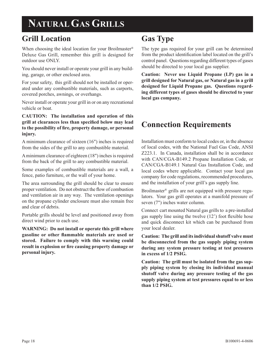Gas type, Connection requirements, Atural | Rills grill location | Broilmaster D3-1 User Manual | Page 18 / 24