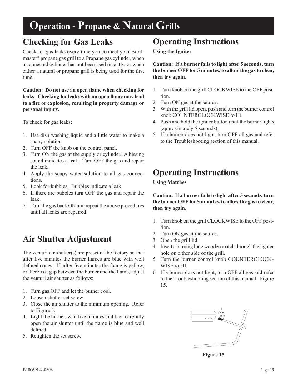 Checking for gas leaks, Operating instructions, Air shutter adjustment | Peration, Ropane, Atural, Rills operating instructions | Broilmaster D3-1 User Manual | Page 19 / 24