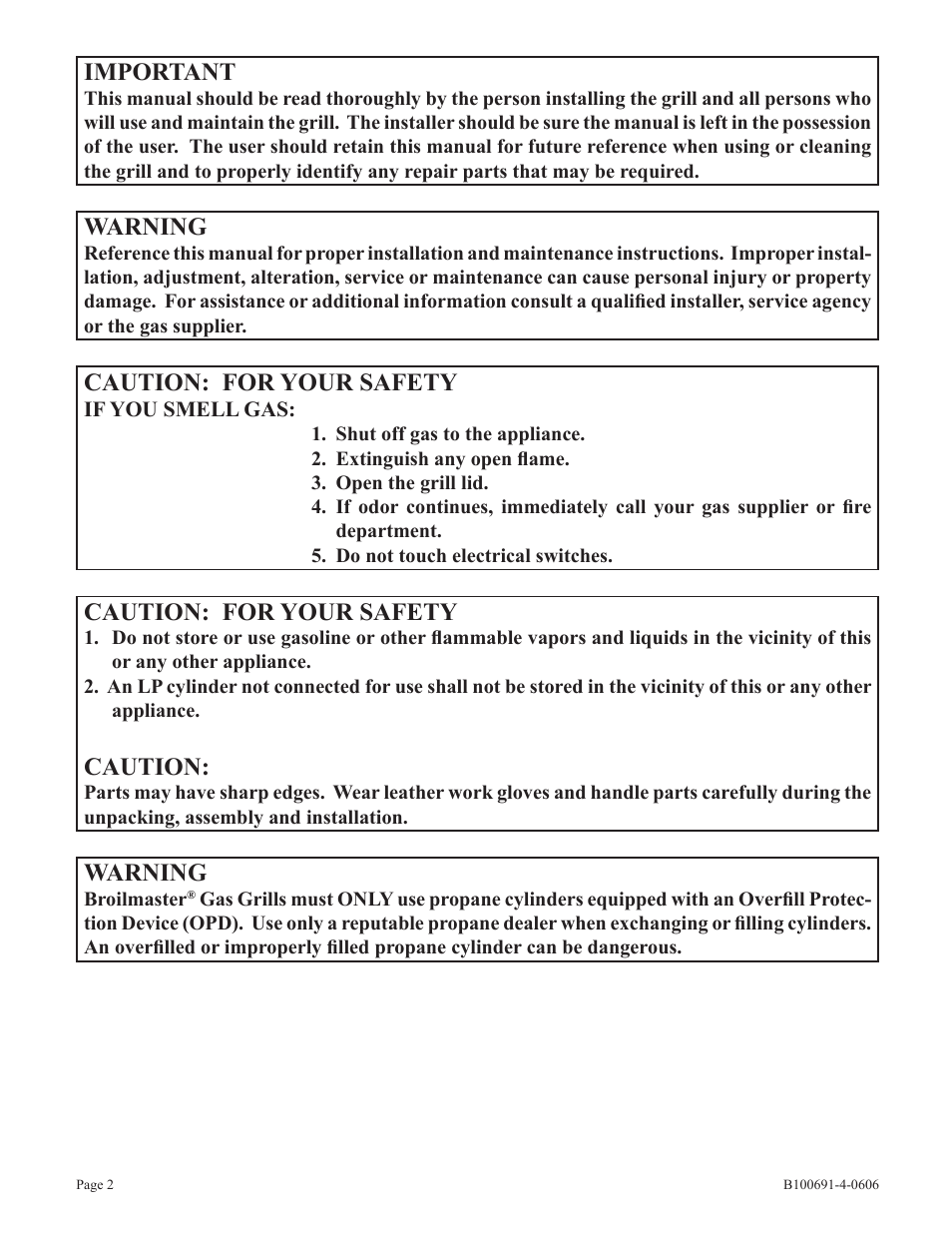 Important, Warning, Caution: for your safety | Caution | Broilmaster D3-1 User Manual | Page 2 / 24