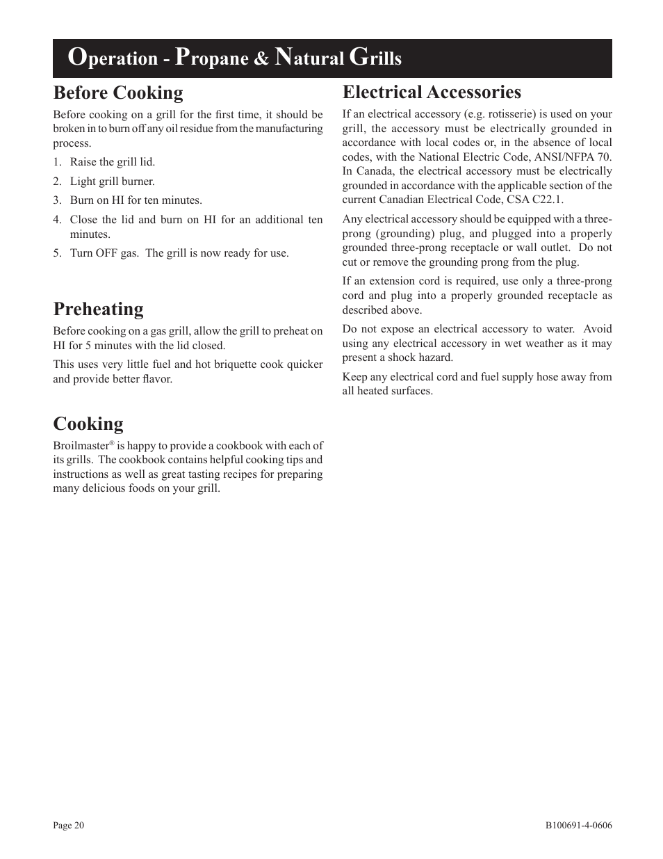 Peration, Ropane, Atural | Rills electrical accessories, Before cooking, Preheating, Cooking | Broilmaster D3-1 User Manual | Page 20 / 24