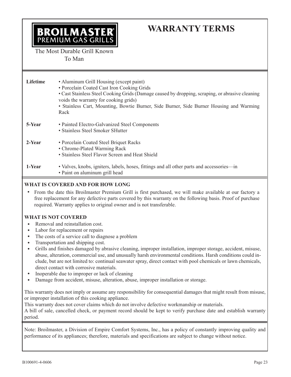 Warranty terms | Broilmaster D3-1 User Manual | Page 23 / 24