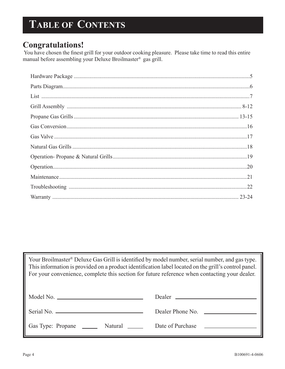 Able of, Ontents | Broilmaster D3-1 User Manual | Page 4 / 24