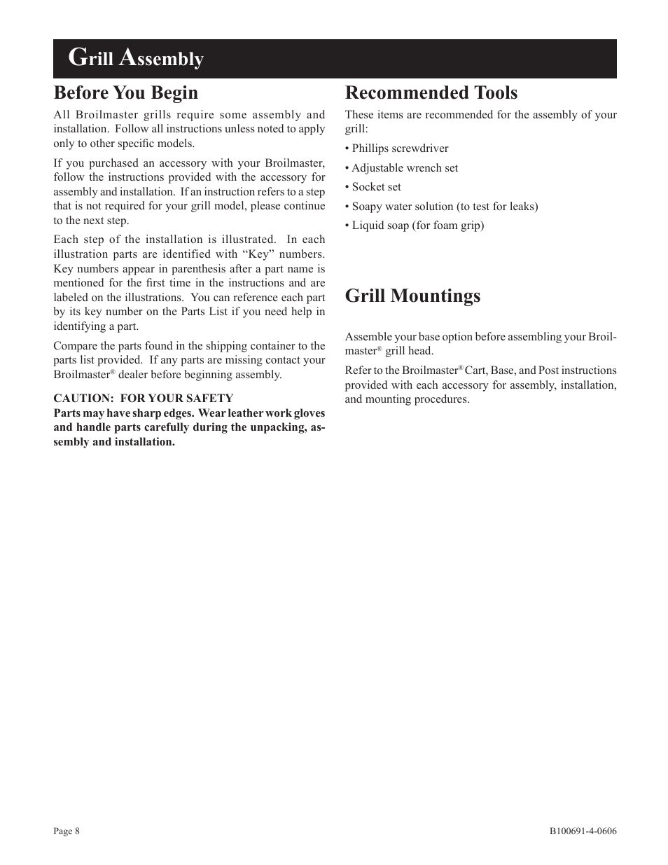 Rill, Ssembly recommended tools, Grill mountings | Before you begin | Broilmaster D3-1 User Manual | Page 8 / 24