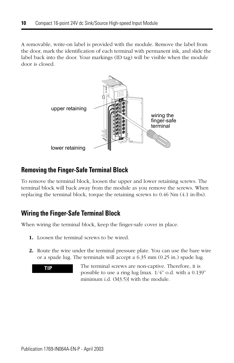 Removing the finger-safe terminal block, Wiring the finger-safe terminal block | Rockwell Automation 1769-IQ16F Compact 24V dc Sink/Source Input Module User Manual | Page 10 / 16
