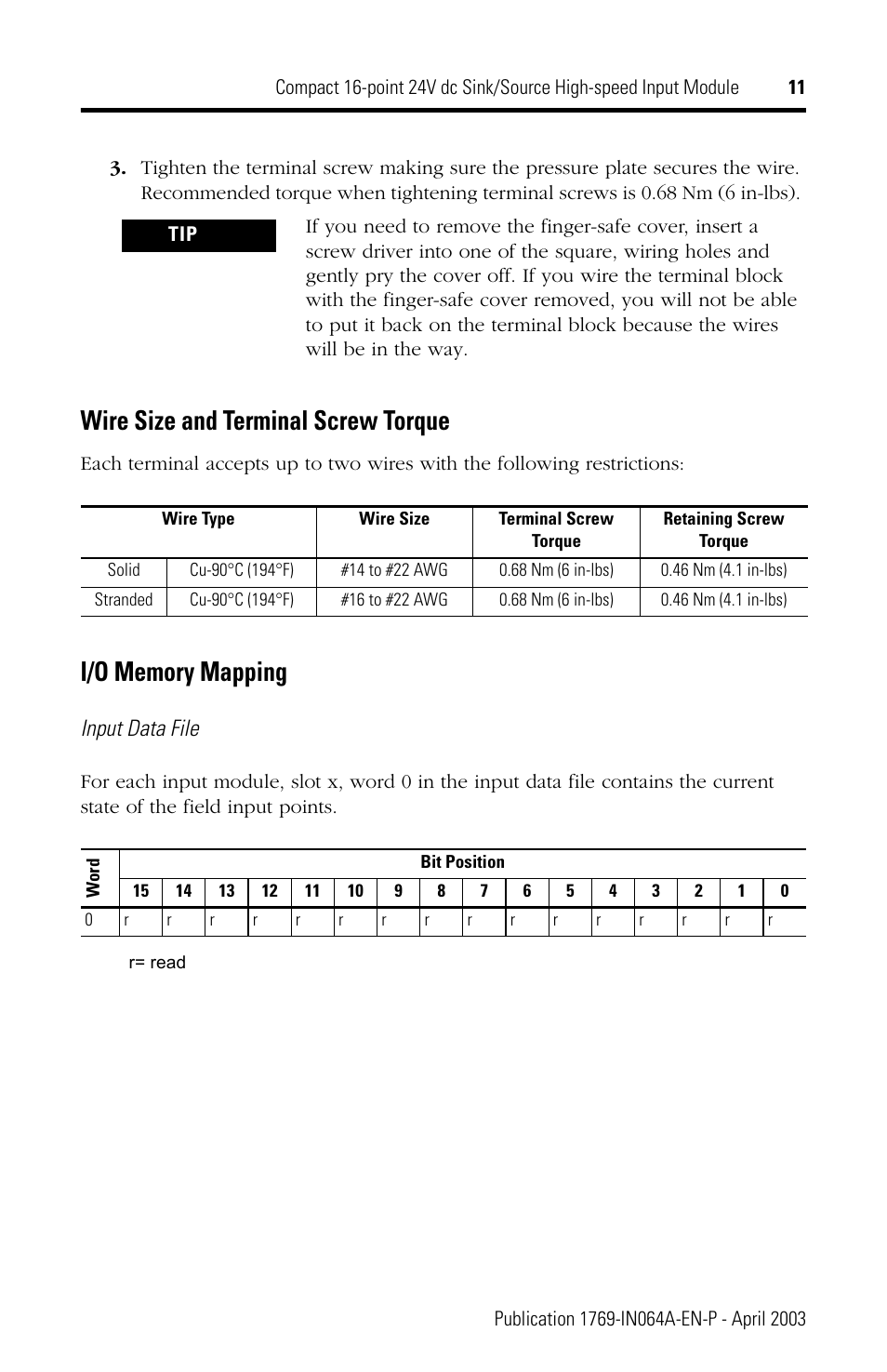 Wire size and terminal screw torque, I/o memory mapping, Input data file | Rockwell Automation 1769-IQ16F Compact 24V dc Sink/Source Input Module User Manual | Page 11 / 16