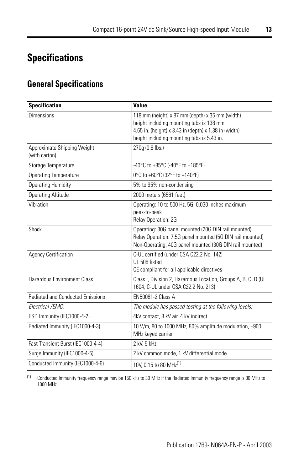 Specifications, General specifications | Rockwell Automation 1769-IQ16F Compact 24V dc Sink/Source Input Module User Manual | Page 13 / 16