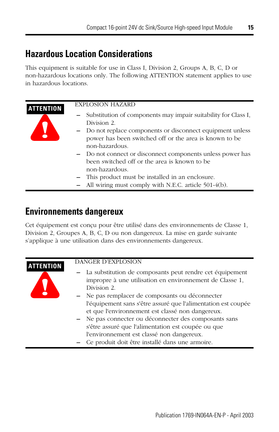 Hazardous location considerations, Environnements dangereux | Rockwell Automation 1769-IQ16F Compact 24V dc Sink/Source Input Module User Manual | Page 15 / 16