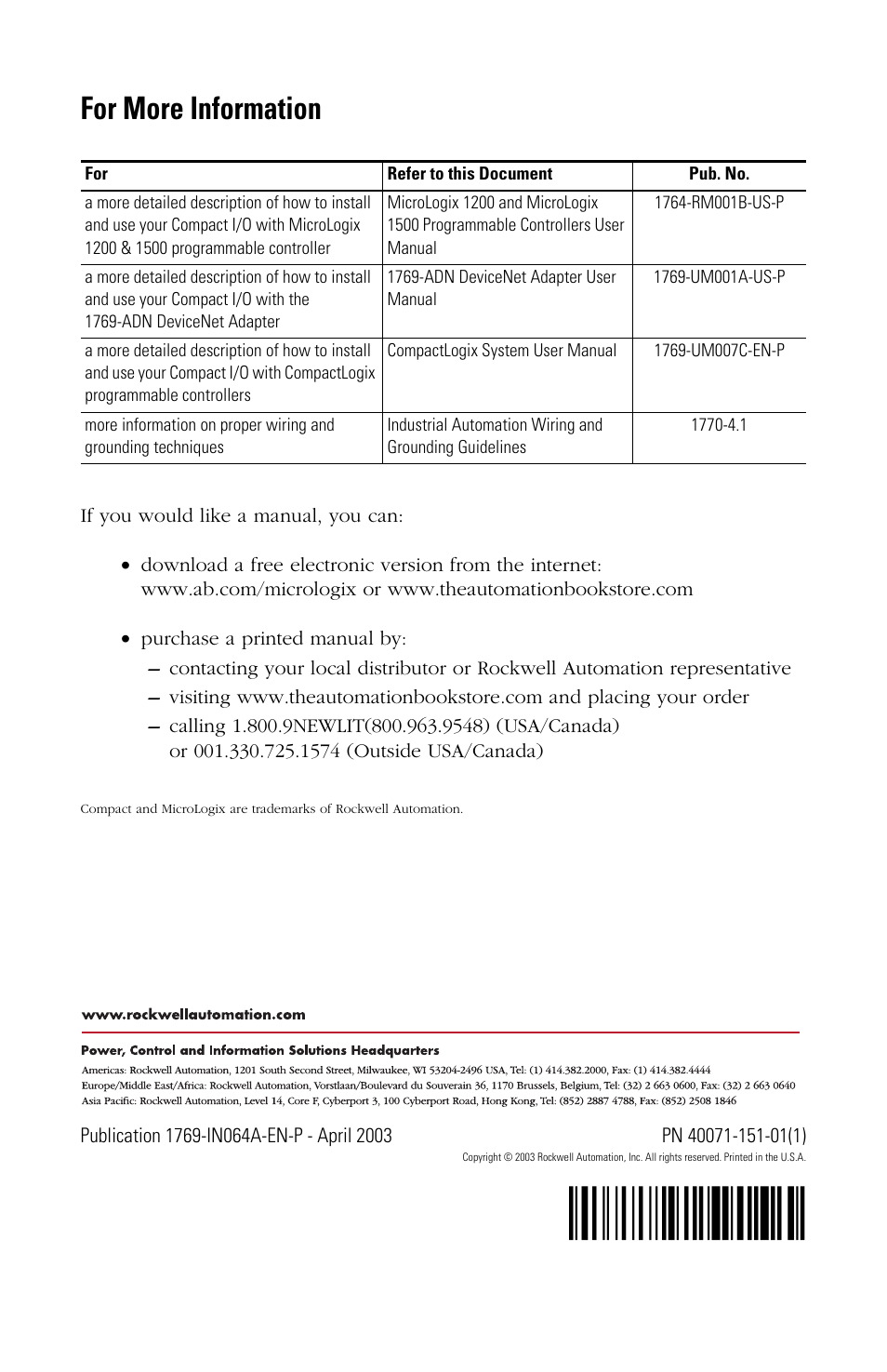 For more information, H'+s!¶1z | Rockwell Automation 1769-IQ16F Compact 24V dc Sink/Source Input Module User Manual | Page 16 / 16