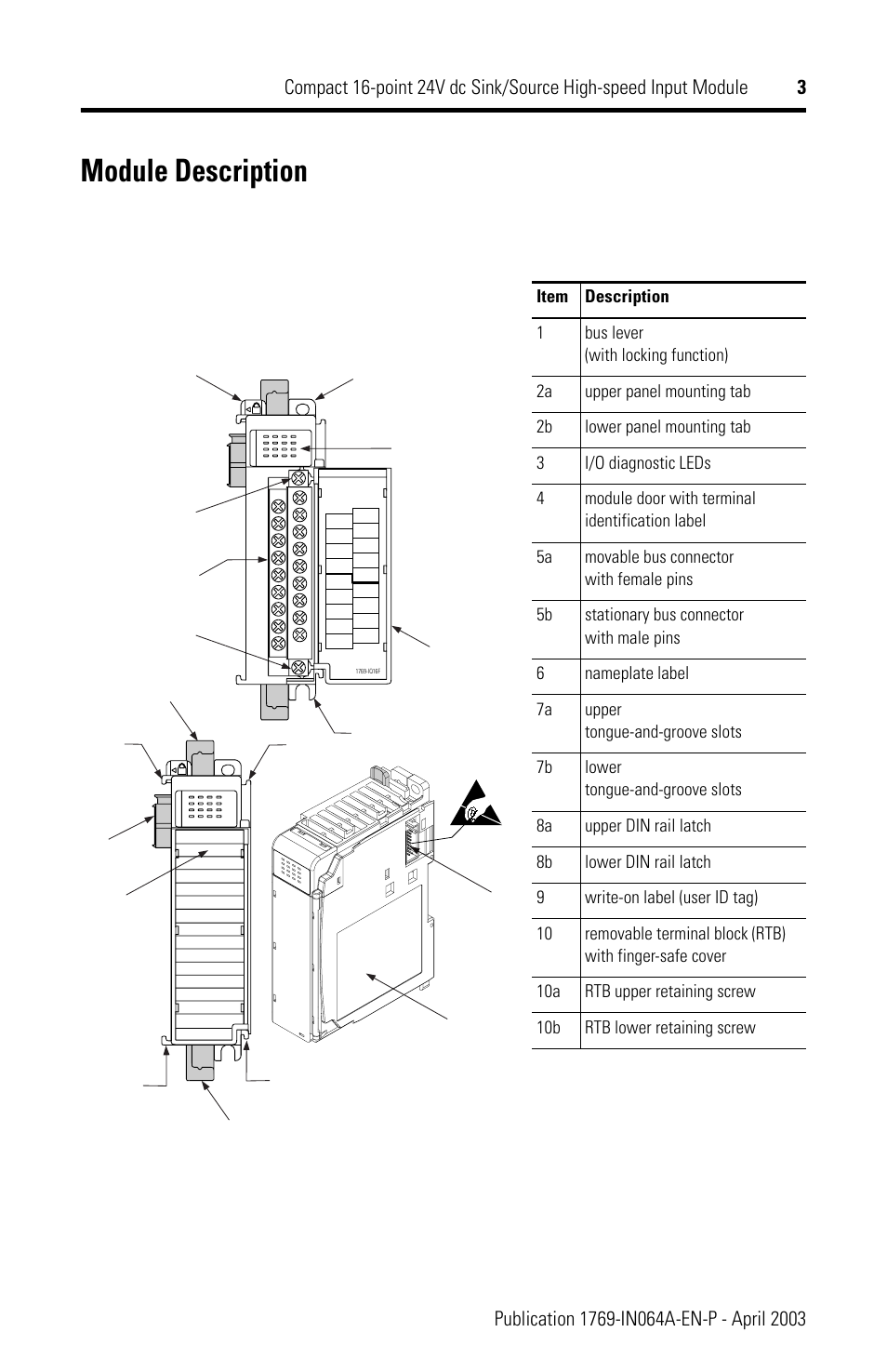 Module description | Rockwell Automation 1769-IQ16F Compact 24V dc Sink/Source Input Module User Manual | Page 3 / 16
