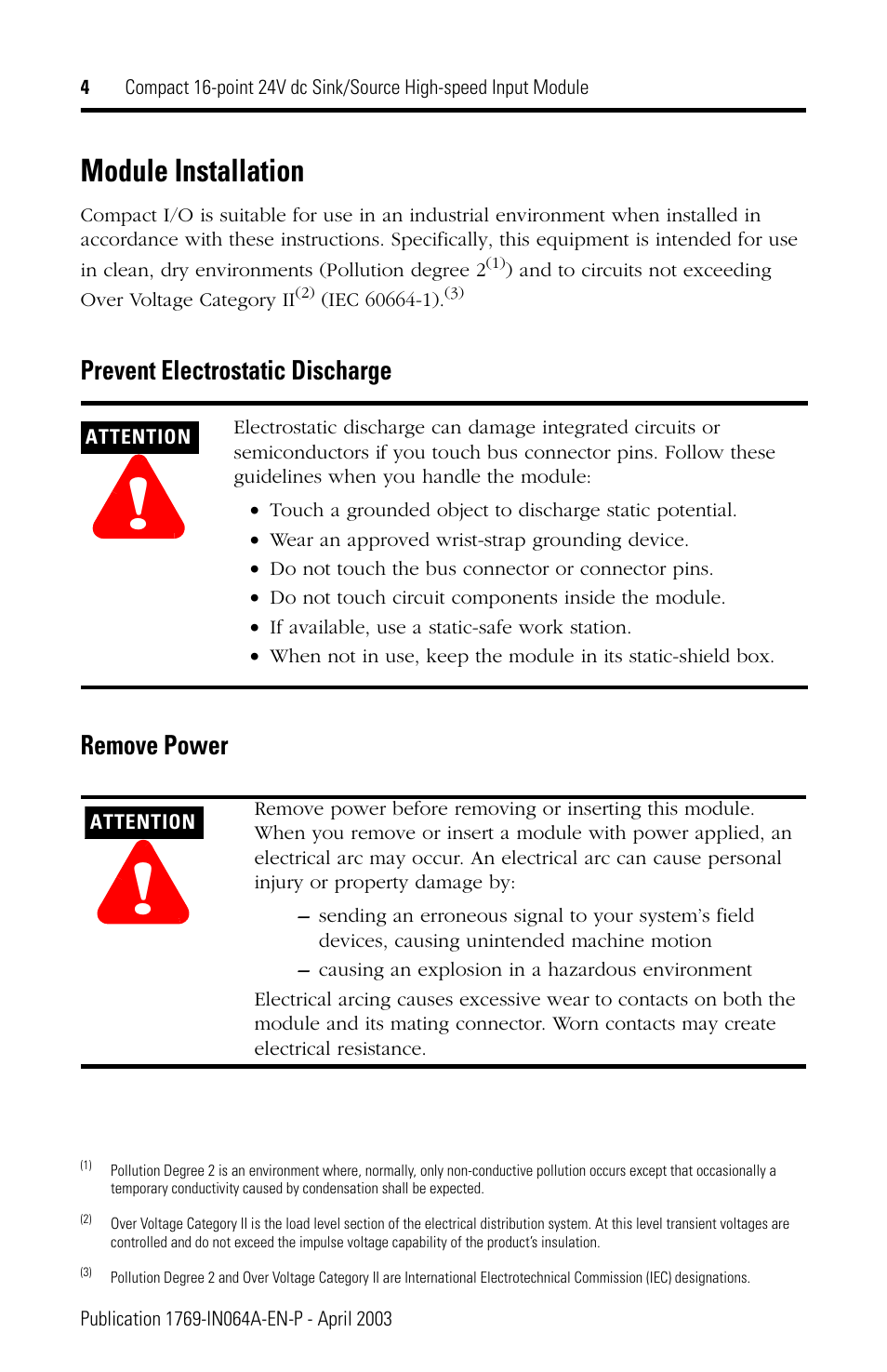Module installation, Prevent electrostatic discharge, Remove power | Prevent electrostatic discharge remove power | Rockwell Automation 1769-IQ16F Compact 24V dc Sink/Source Input Module User Manual | Page 4 / 16