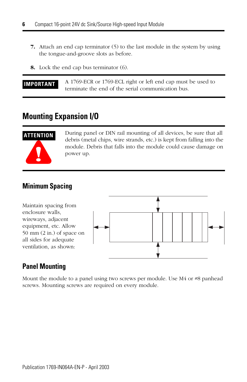 Mounting expansion i/o, Minimum spacing, Panel mounting | Rockwell Automation 1769-IQ16F Compact 24V dc Sink/Source Input Module User Manual | Page 6 / 16