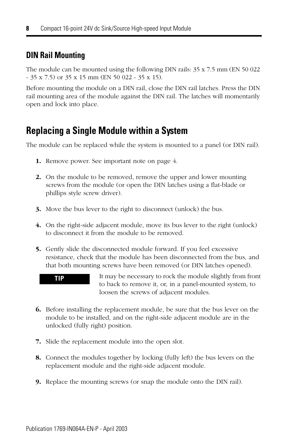 Din rail mounting, Replacing a single module within a system | Rockwell Automation 1769-IQ16F Compact 24V dc Sink/Source Input Module User Manual | Page 8 / 16