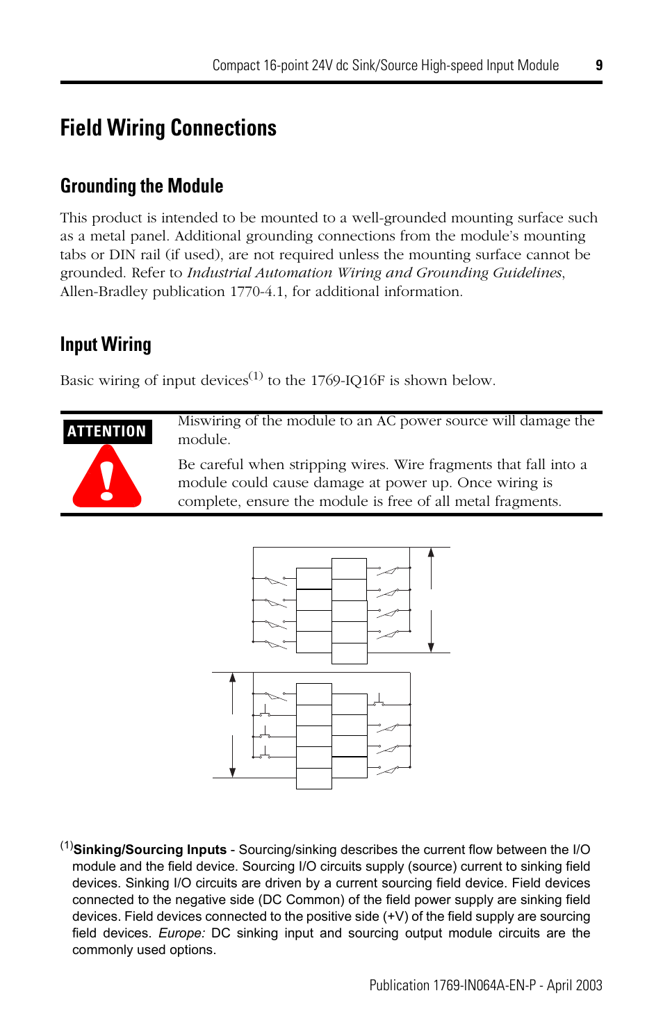 Field wiring connections, Grounding the module, Input wiring | Basic wiring of input devices, Attention | Rockwell Automation 1769-IQ16F Compact 24V dc Sink/Source Input Module User Manual | Page 9 / 16