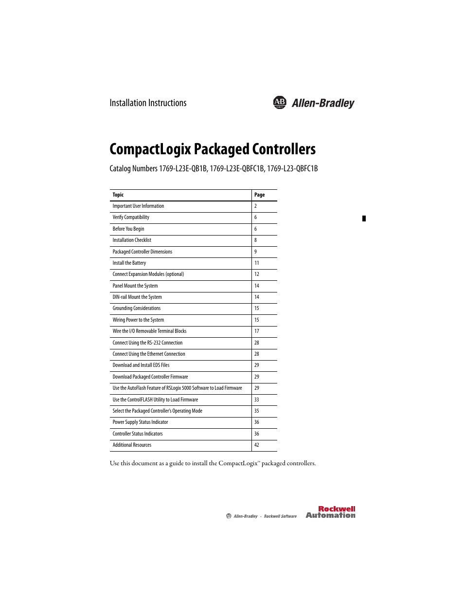 Rockwell Automation 1769-L23E-QB1B_QBFC1B_QBFC1B CompactLogix Packaged Controller Installation Instructions User Manual | 44 pages