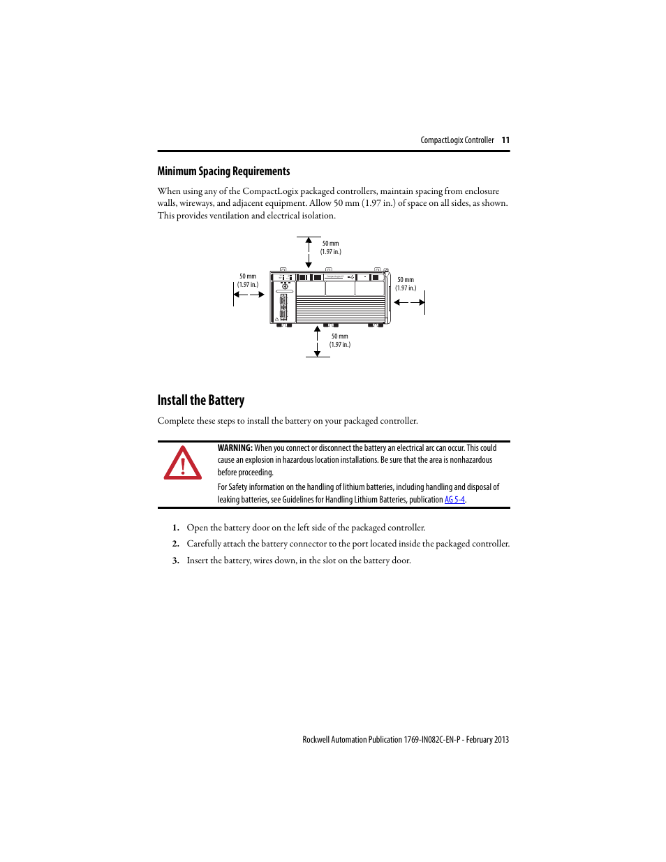 Minimum spacing requirements, Install the battery | Rockwell Automation 1769-L23E-QB1B_QBFC1B_QBFC1B CompactLogix Packaged Controller Installation Instructions User Manual | Page 11 / 44
