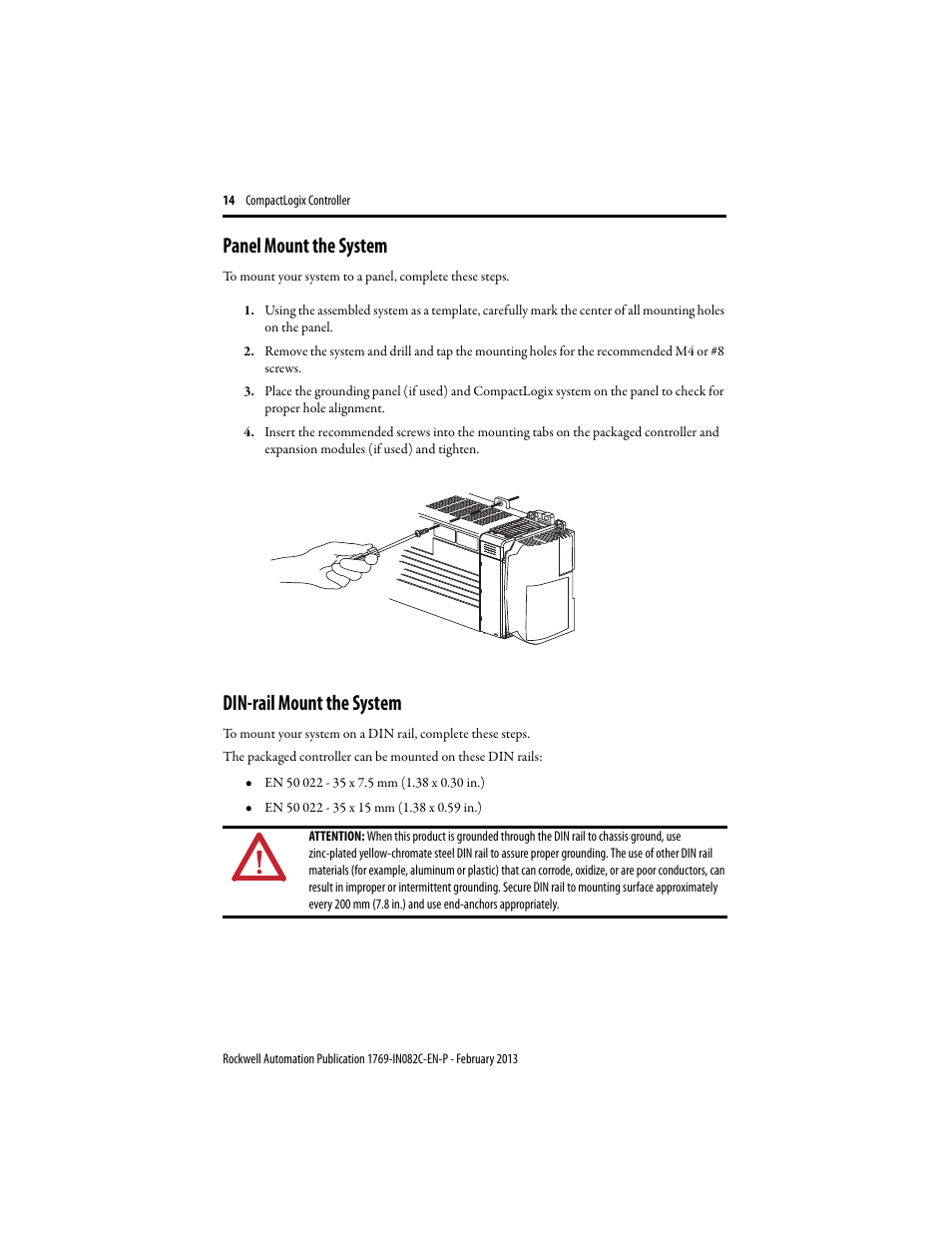 Panel mount the system, Din-rail mount the system | Rockwell Automation 1769-L23E-QB1B_QBFC1B_QBFC1B CompactLogix Packaged Controller Installation Instructions User Manual | Page 14 / 44