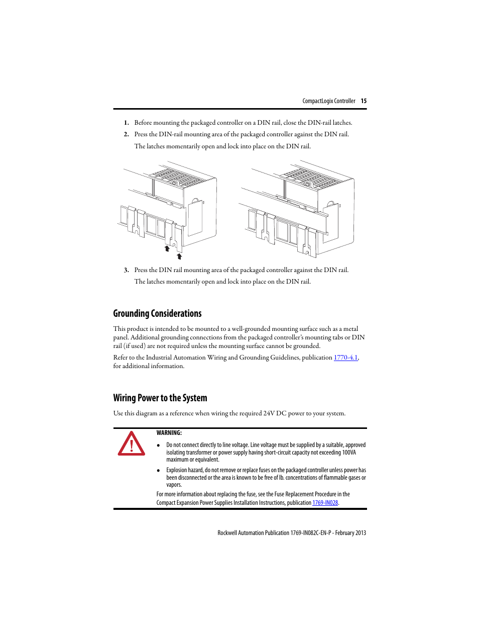 Grounding considerations, Wiring power to the system | Rockwell Automation 1769-L23E-QB1B_QBFC1B_QBFC1B CompactLogix Packaged Controller Installation Instructions User Manual | Page 15 / 44