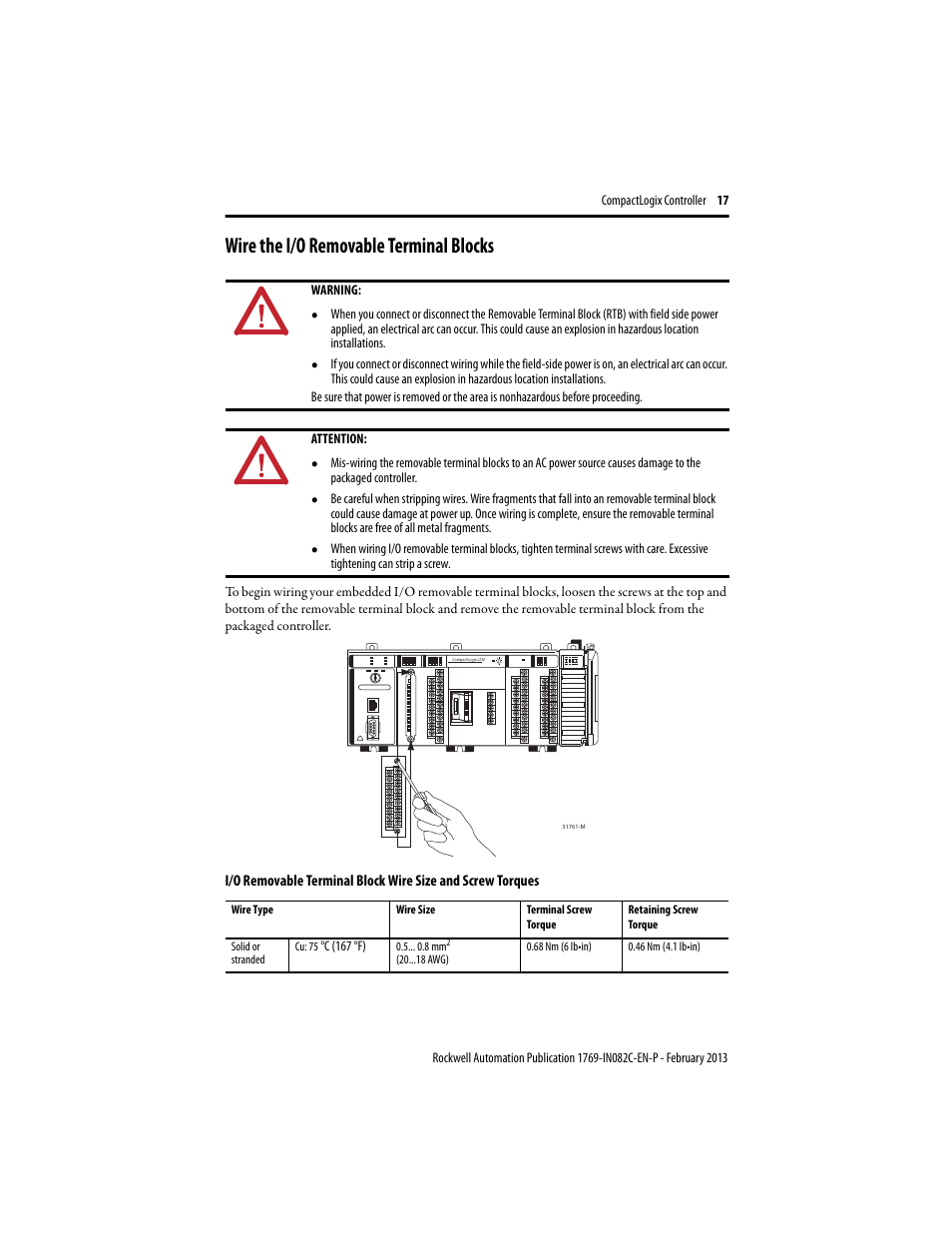 Wire the i/o removable terminal blocks | Rockwell Automation 1769-L23E-QB1B_QBFC1B_QBFC1B CompactLogix Packaged Controller Installation Instructions User Manual | Page 17 / 44