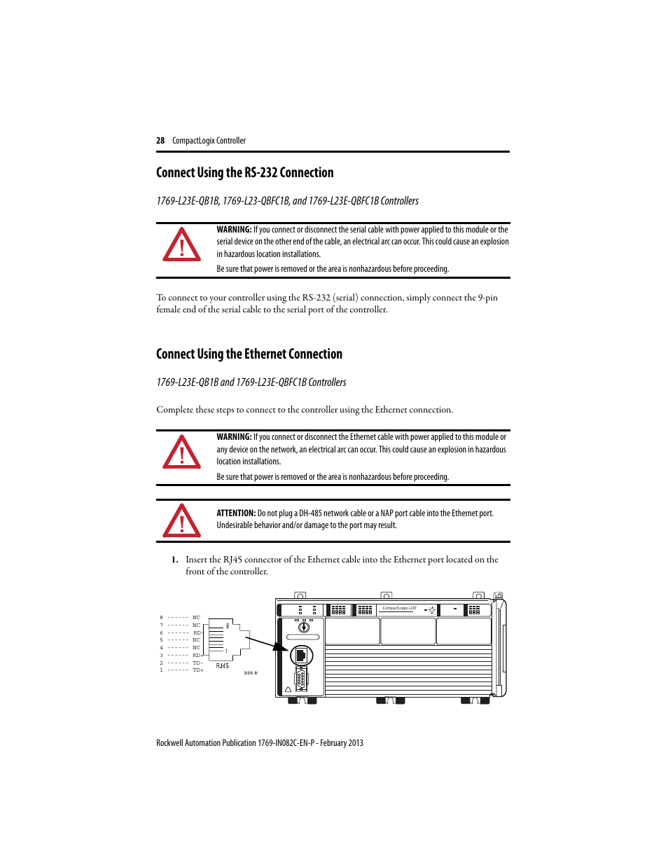 Connect using the rs-232 connection, Connect using the ethernet connection | Rockwell Automation 1769-L23E-QB1B_QBFC1B_QBFC1B CompactLogix Packaged Controller Installation Instructions User Manual | Page 28 / 44