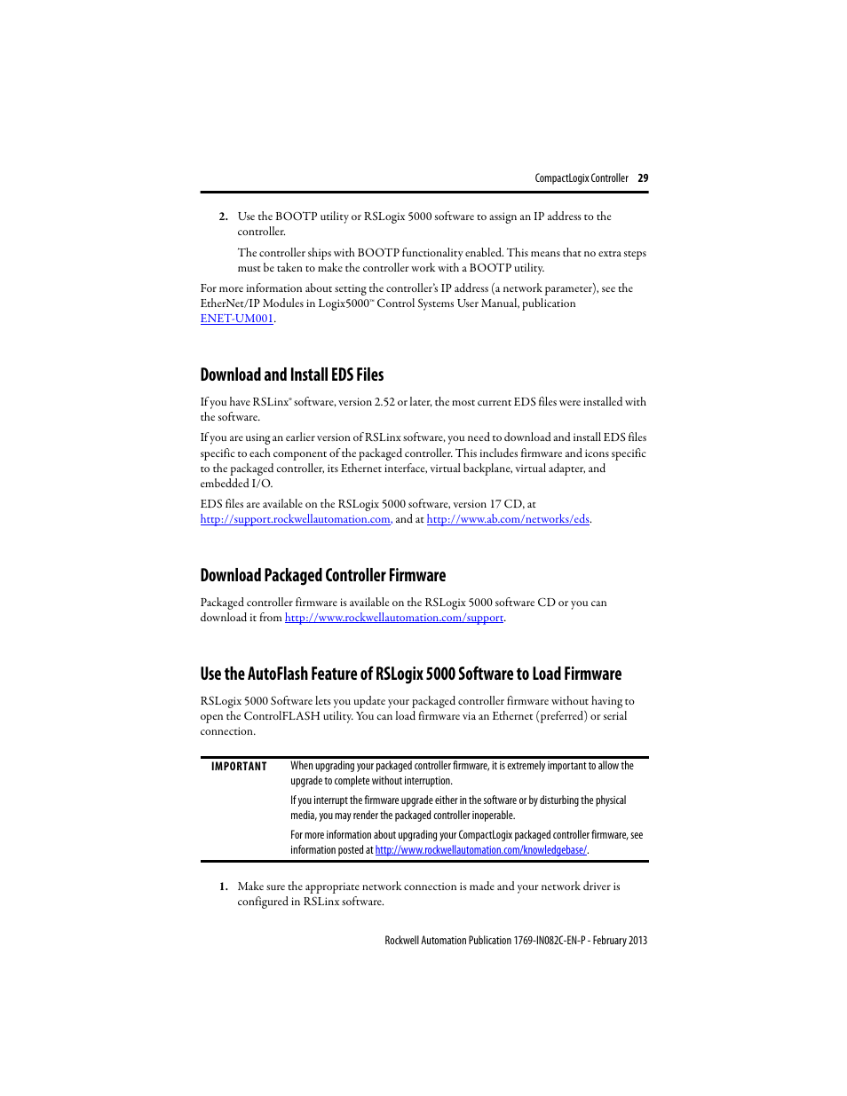 Download and install eds files, Download packaged controller firmware | Rockwell Automation 1769-L23E-QB1B_QBFC1B_QBFC1B CompactLogix Packaged Controller Installation Instructions User Manual | Page 29 / 44