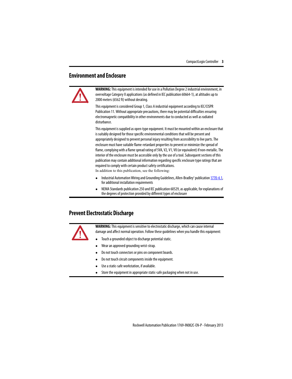 Environment and enclosure, Prevent electrostatic discharge | Rockwell Automation 1769-L23E-QB1B_QBFC1B_QBFC1B CompactLogix Packaged Controller Installation Instructions User Manual | Page 3 / 44