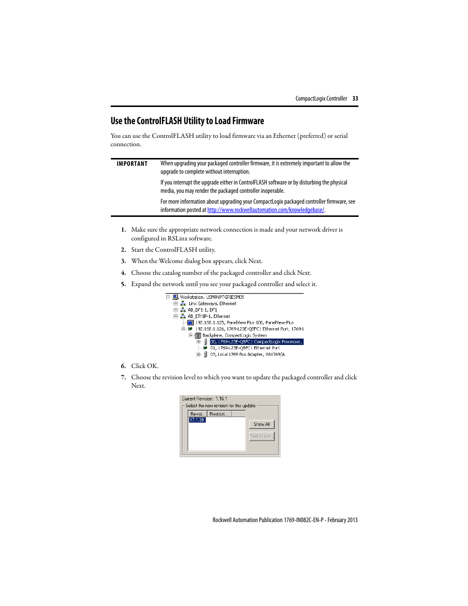 Use the controlflash utility to load firmware | Rockwell Automation 1769-L23E-QB1B_QBFC1B_QBFC1B CompactLogix Packaged Controller Installation Instructions User Manual | Page 33 / 44