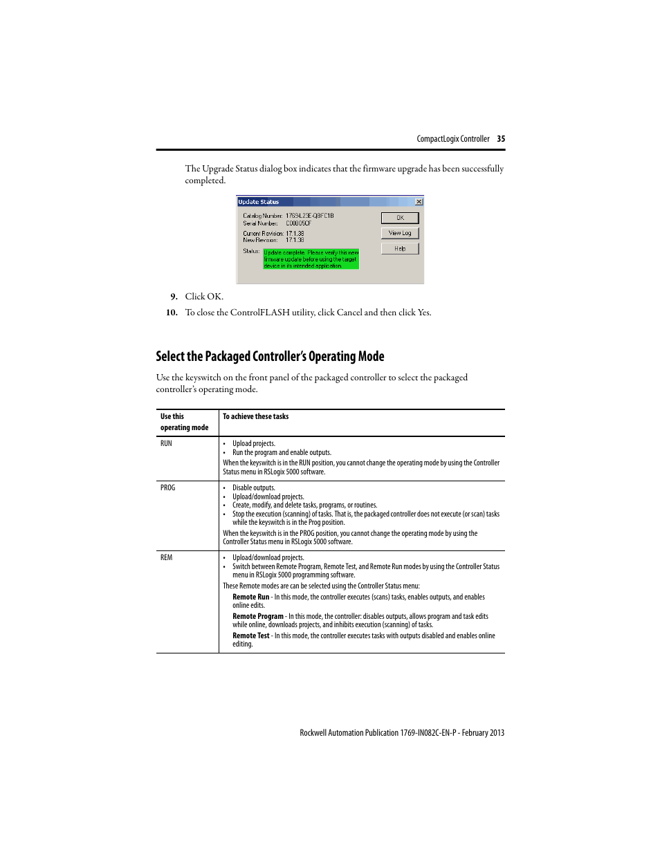 Select the packaged controller’s operating mode | Rockwell Automation 1769-L23E-QB1B_QBFC1B_QBFC1B CompactLogix Packaged Controller Installation Instructions User Manual | Page 35 / 44