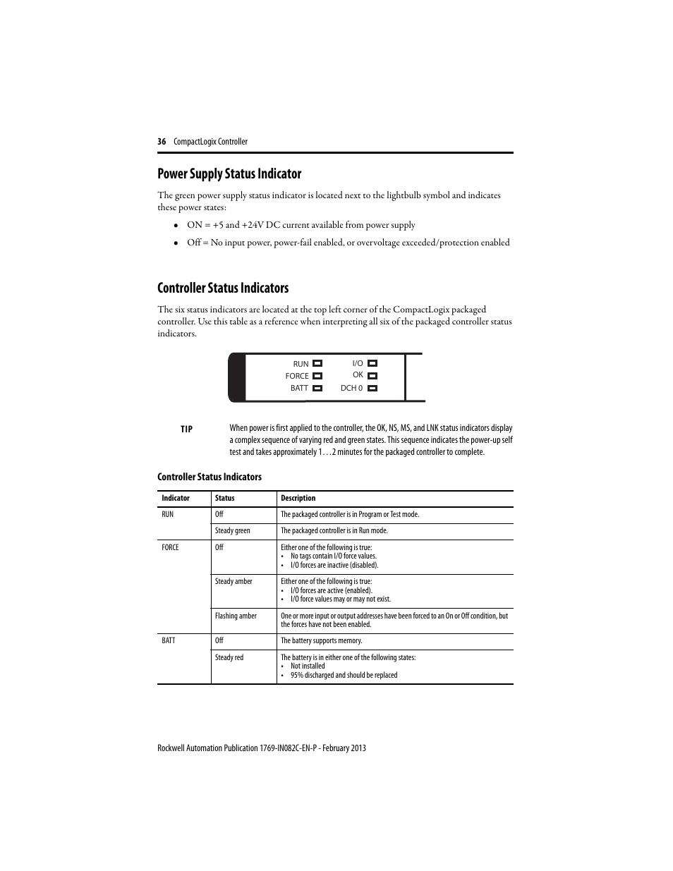 Power supply status indicator, Controller status indicators | Rockwell Automation 1769-L23E-QB1B_QBFC1B_QBFC1B CompactLogix Packaged Controller Installation Instructions User Manual | Page 36 / 44