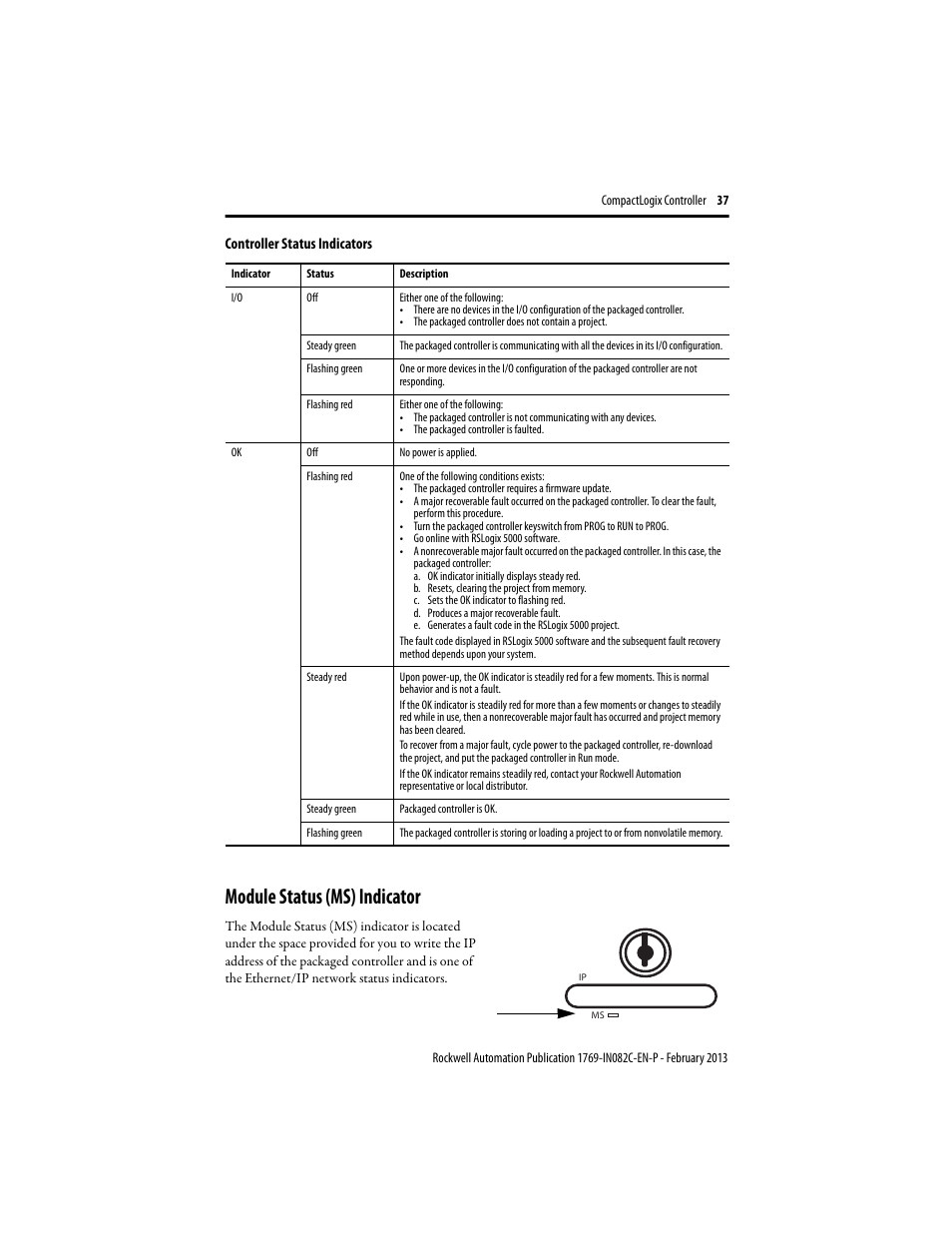 Module status (ms) indicator | Rockwell Automation 1769-L23E-QB1B_QBFC1B_QBFC1B CompactLogix Packaged Controller Installation Instructions User Manual | Page 37 / 44