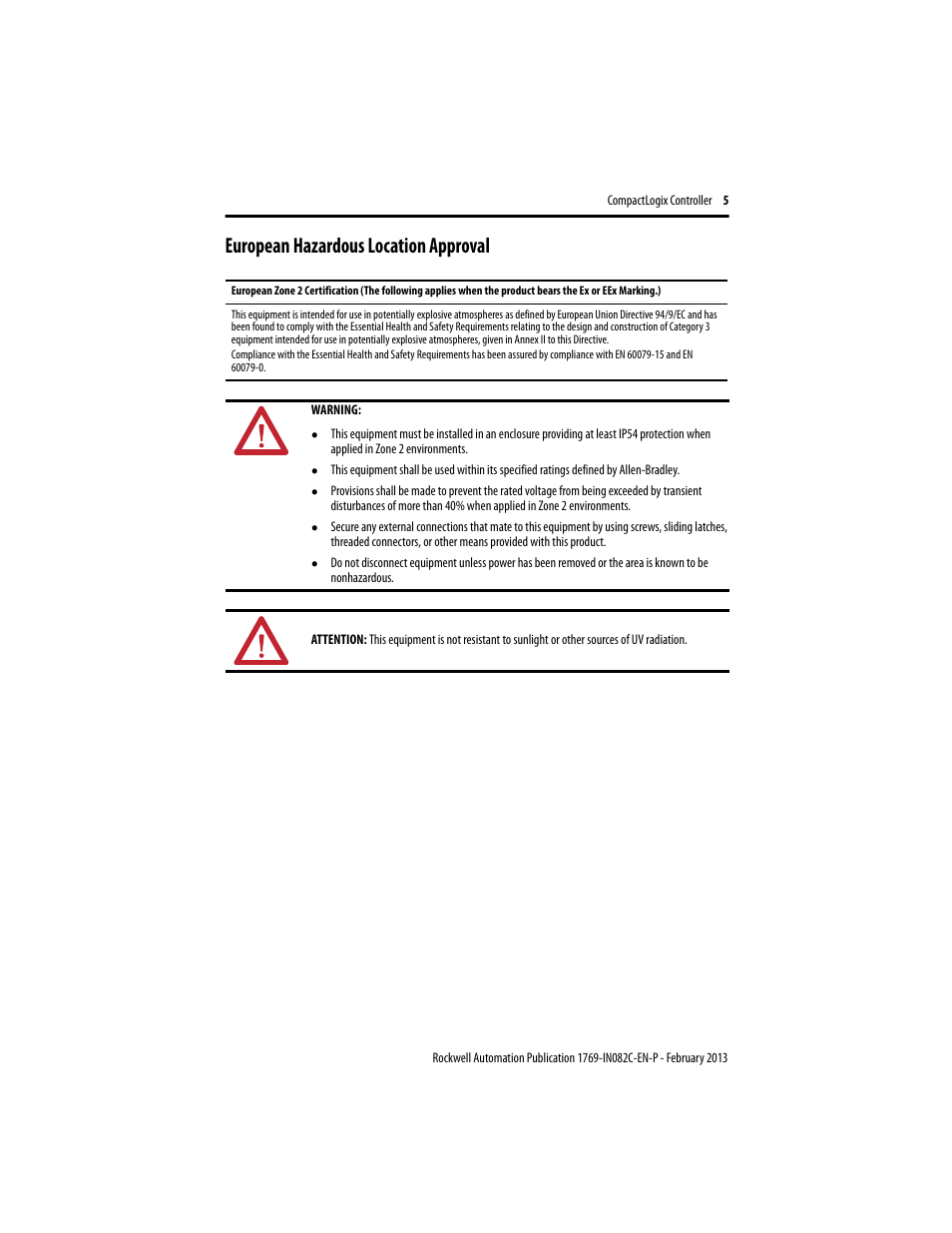 European hazardous location approval | Rockwell Automation 1769-L23E-QB1B_QBFC1B_QBFC1B CompactLogix Packaged Controller Installation Instructions User Manual | Page 5 / 44