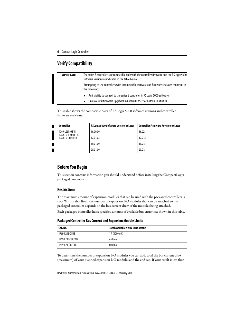 Verify compatibility, Before you begin, Restrictions | Rockwell Automation 1769-L23E-QB1B_QBFC1B_QBFC1B CompactLogix Packaged Controller Installation Instructions User Manual | Page 6 / 44