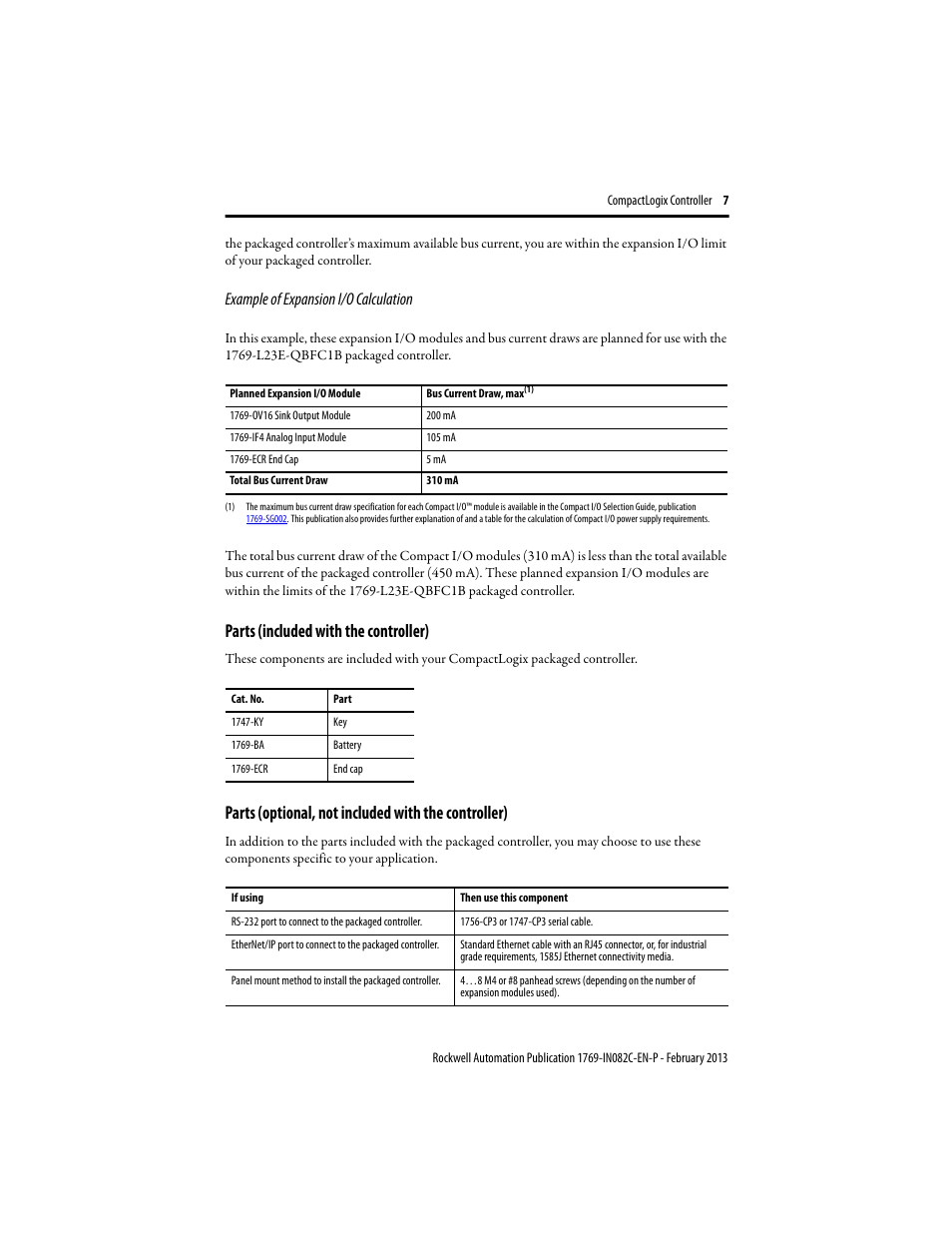 Parts (included with the controller), Parts (optional, not included with the controller), Example of expansion i/o calculation | Rockwell Automation 1769-L23E-QB1B_QBFC1B_QBFC1B CompactLogix Packaged Controller Installation Instructions User Manual | Page 7 / 44