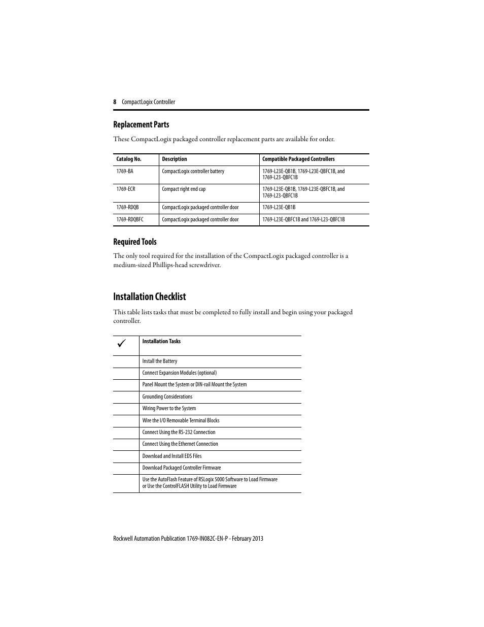 Replacement parts, Required tools, Installation checklist | Rockwell Automation 1769-L23E-QB1B_QBFC1B_QBFC1B CompactLogix Packaged Controller Installation Instructions User Manual | Page 8 / 44