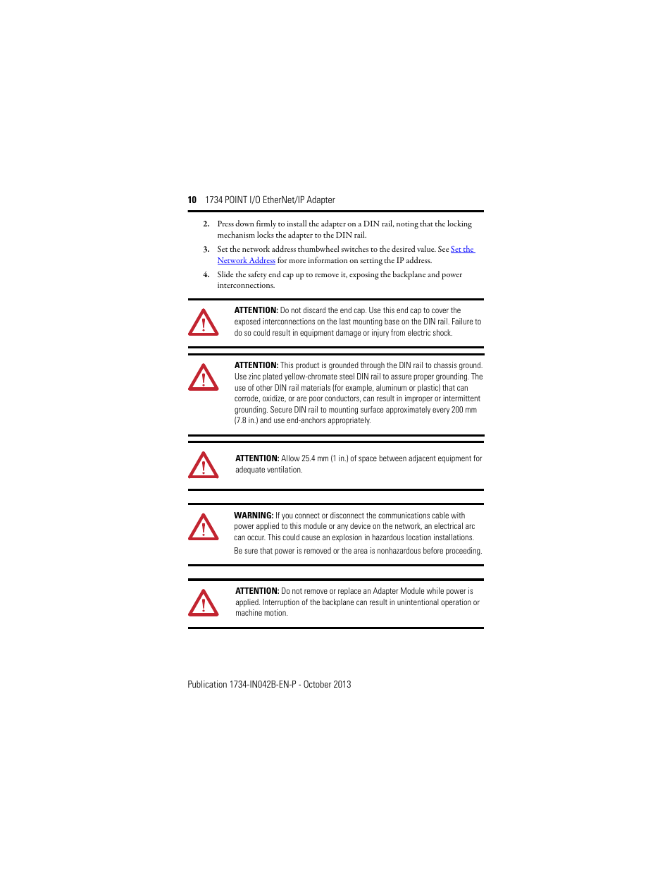Rockwell Automation 1734-AENT, Series B 1734 POINT I/O EtherNet/IP Adapter Installation Instructions User Manual | Page 10 / 24