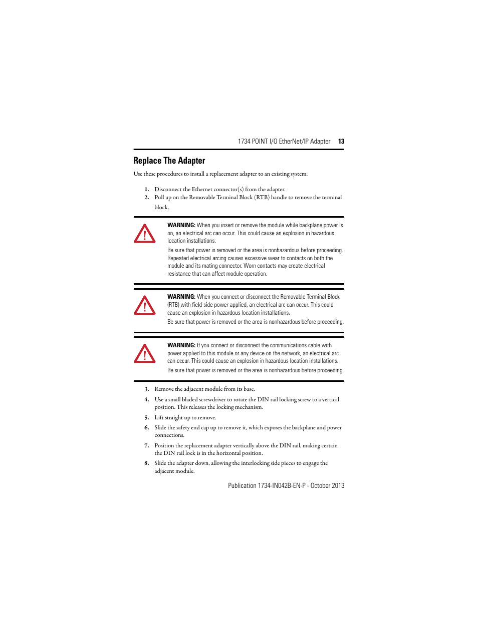 Replace the adapter | Rockwell Automation 1734-AENT, Series B 1734 POINT I/O EtherNet/IP Adapter Installation Instructions User Manual | Page 13 / 24
