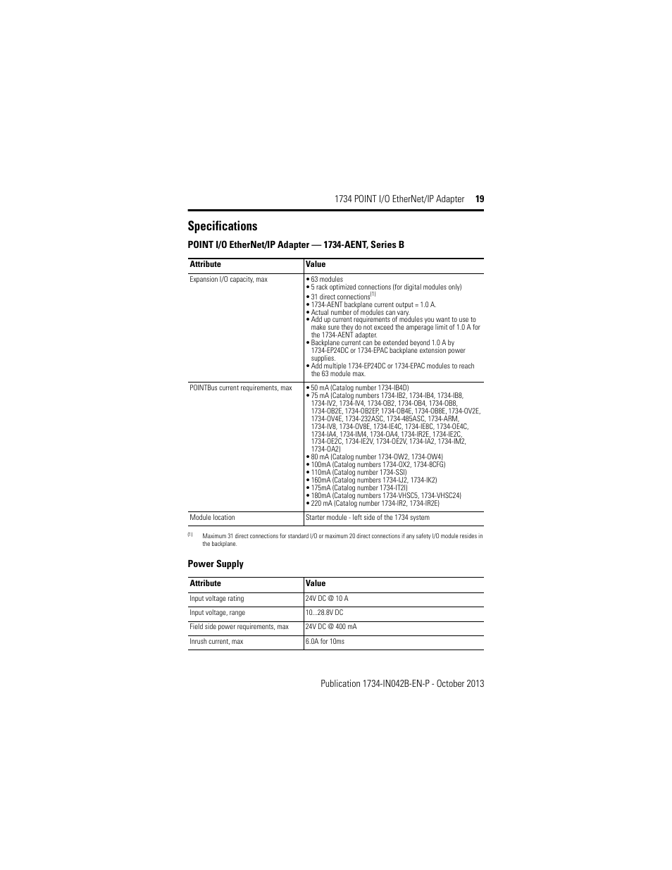 Specifications | Rockwell Automation 1734-AENT, Series B 1734 POINT I/O EtherNet/IP Adapter Installation Instructions User Manual | Page 19 / 24