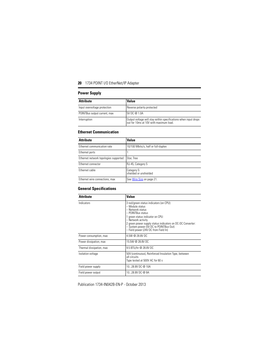 Ethernet communication, General specifications, Power supply | Rockwell Automation 1734-AENT, Series B 1734 POINT I/O EtherNet/IP Adapter Installation Instructions User Manual | Page 20 / 24