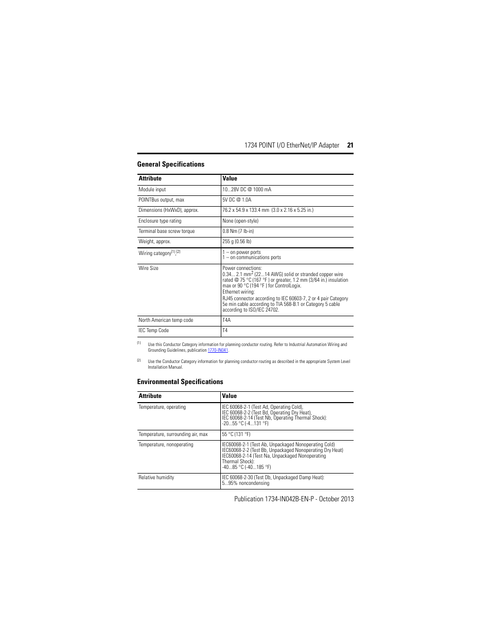 Environmental specifications, General specifications | Rockwell Automation 1734-AENT, Series B 1734 POINT I/O EtherNet/IP Adapter Installation Instructions User Manual | Page 21 / 24