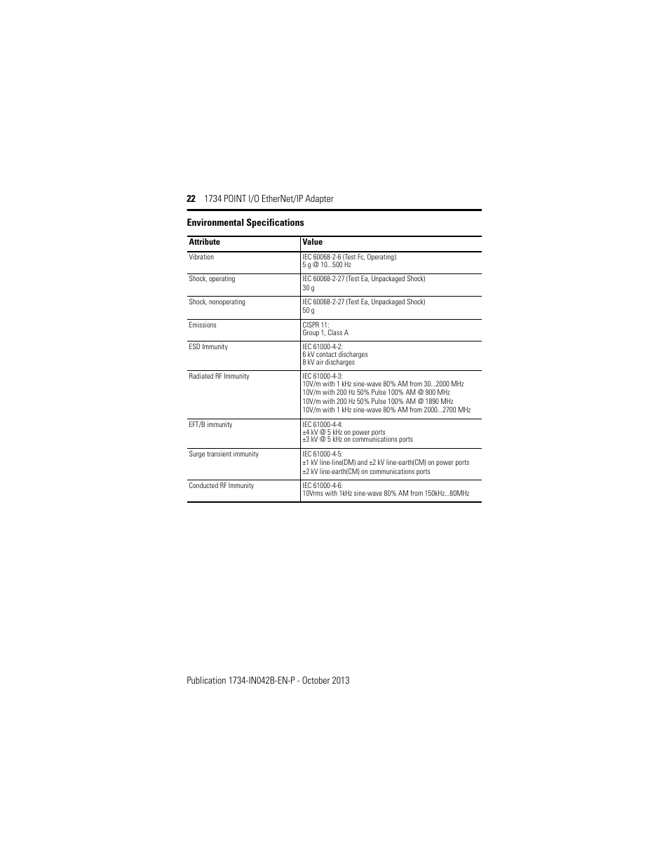 Environmental specifications | Rockwell Automation 1734-AENT, Series B 1734 POINT I/O EtherNet/IP Adapter Installation Instructions User Manual | Page 22 / 24