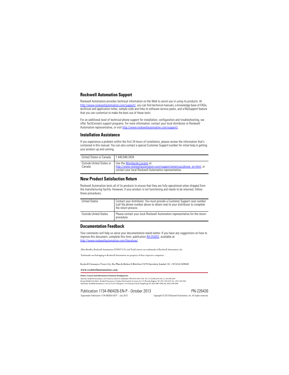 Back cover, Rockwell automation support, Installation assistance | New product satisfaction return, Documentation feedback | Rockwell Automation 1734-AENT, Series B 1734 POINT I/O EtherNet/IP Adapter Installation Instructions User Manual | Page 24 / 24