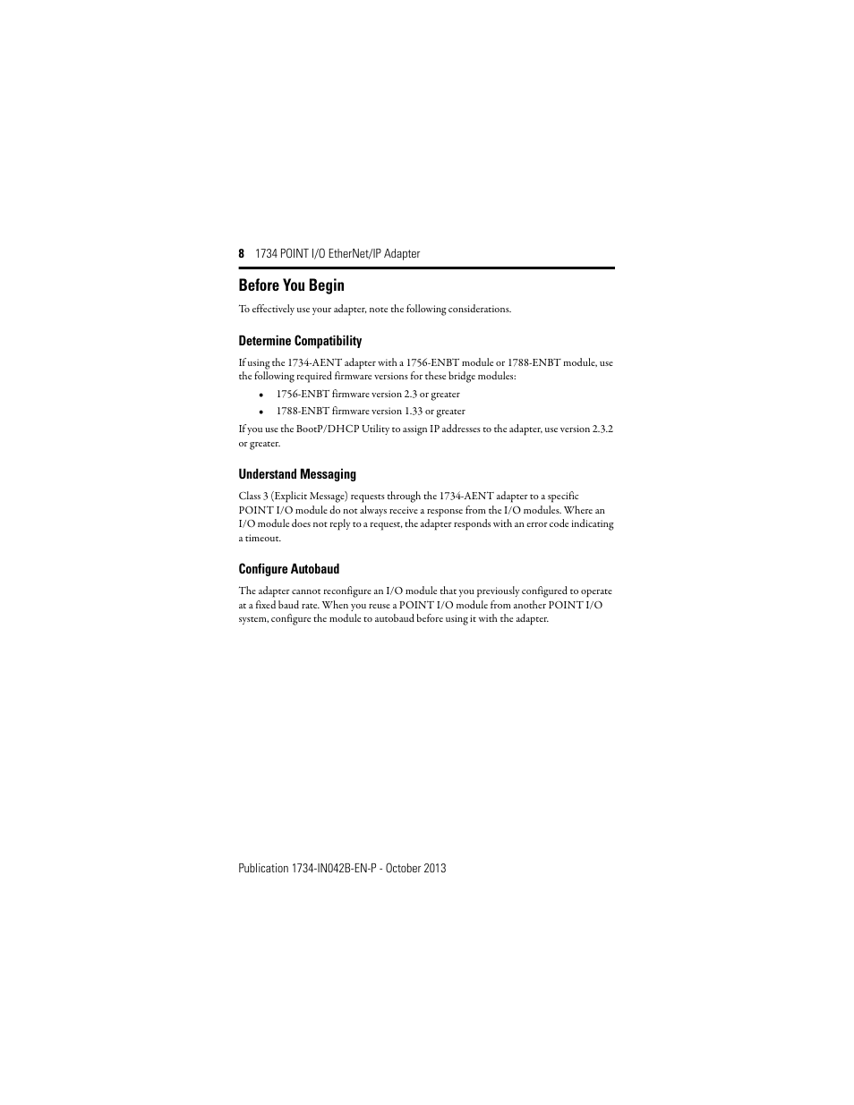 Before you begin, Determine compatibility, Understand messaging | Configure autobaud | Rockwell Automation 1734-AENT, Series B 1734 POINT I/O EtherNet/IP Adapter Installation Instructions User Manual | Page 8 / 24