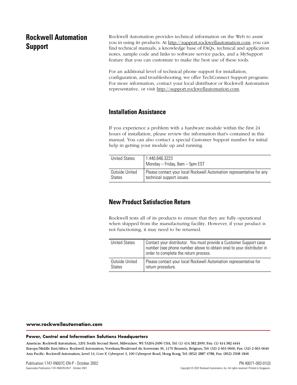 Back cover, Rockwell automation support, Installation assistance | New product satisfaction return | Rockwell Automation 1747-OS302_OS401 SLC 5/03 and 5/04 Processors Firmware/Operating System Upgrade User Manual | Page 8 / 8