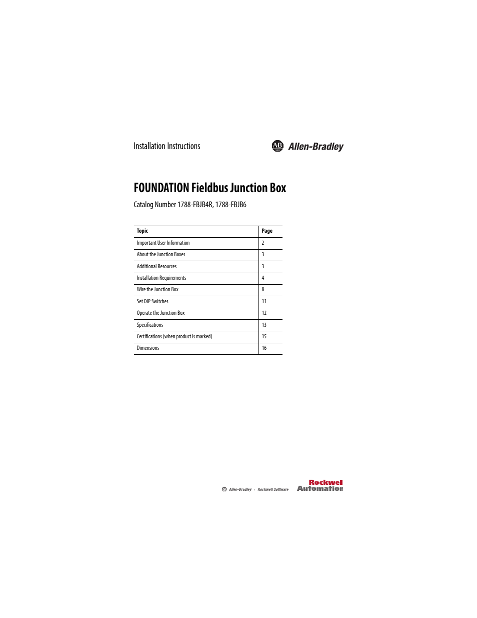 Rockwell Automation 1788-FBJB6 Foundation Fieldbus Junction Box Installation Instructions User Manual | 18 pages