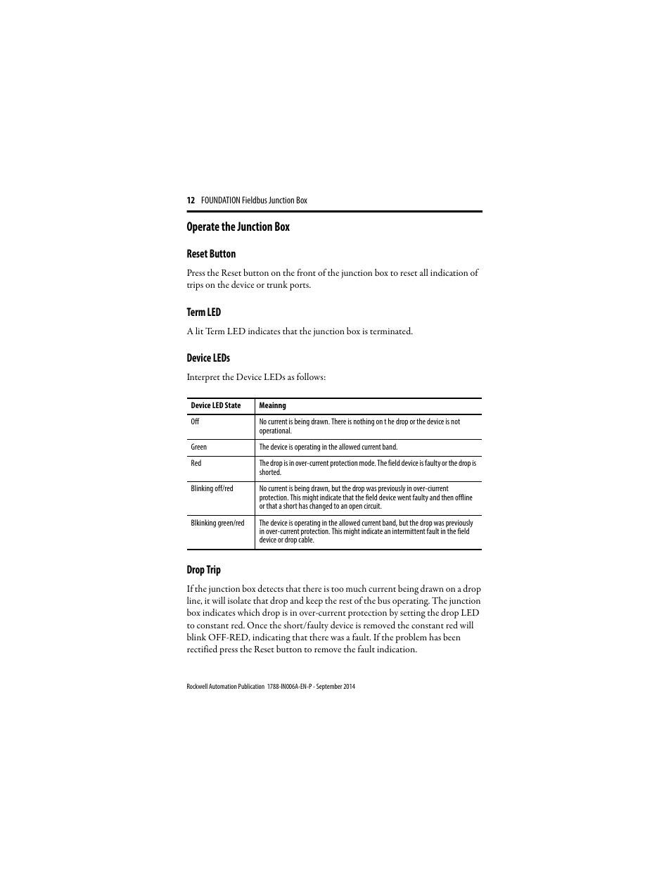 Operate the junction box, Reset button, Term led | Device leds, Drop trip | Rockwell Automation 1788-FBJB6 Foundation Fieldbus Junction Box Installation Instructions User Manual | Page 12 / 18