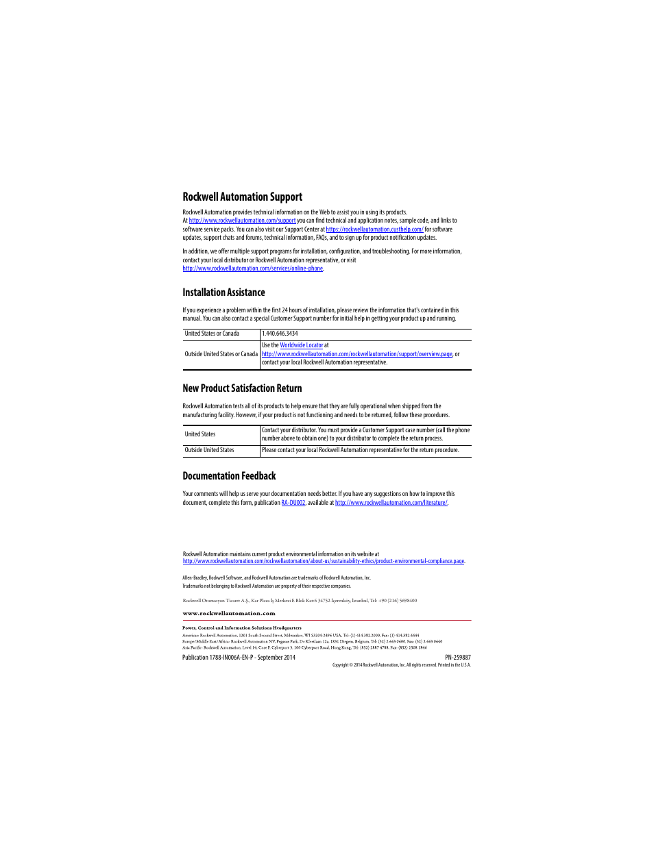 Rockwell automation support, Installation assistance, New product satisfaction return | Documentation feedback | Rockwell Automation 1788-FBJB6 Foundation Fieldbus Junction Box Installation Instructions User Manual | Page 18 / 18