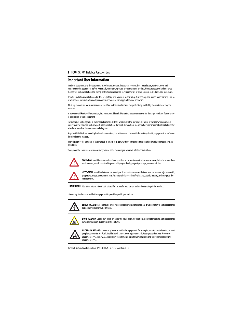 Important user information | Rockwell Automation 1788-FBJB6 Foundation Fieldbus Junction Box Installation Instructions User Manual | Page 2 / 18