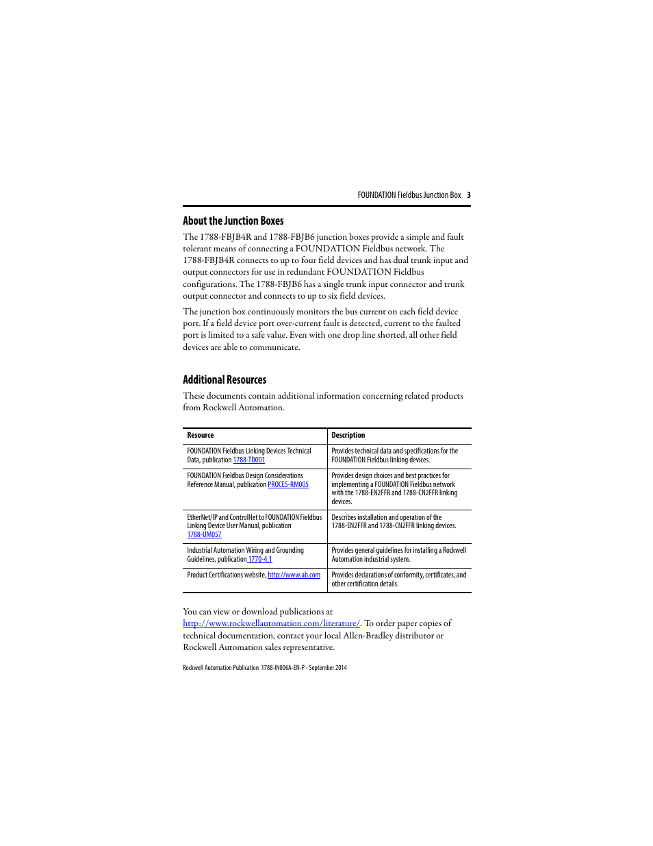About the junction boxes, Additional resources | Rockwell Automation 1788-FBJB6 Foundation Fieldbus Junction Box Installation Instructions User Manual | Page 3 / 18