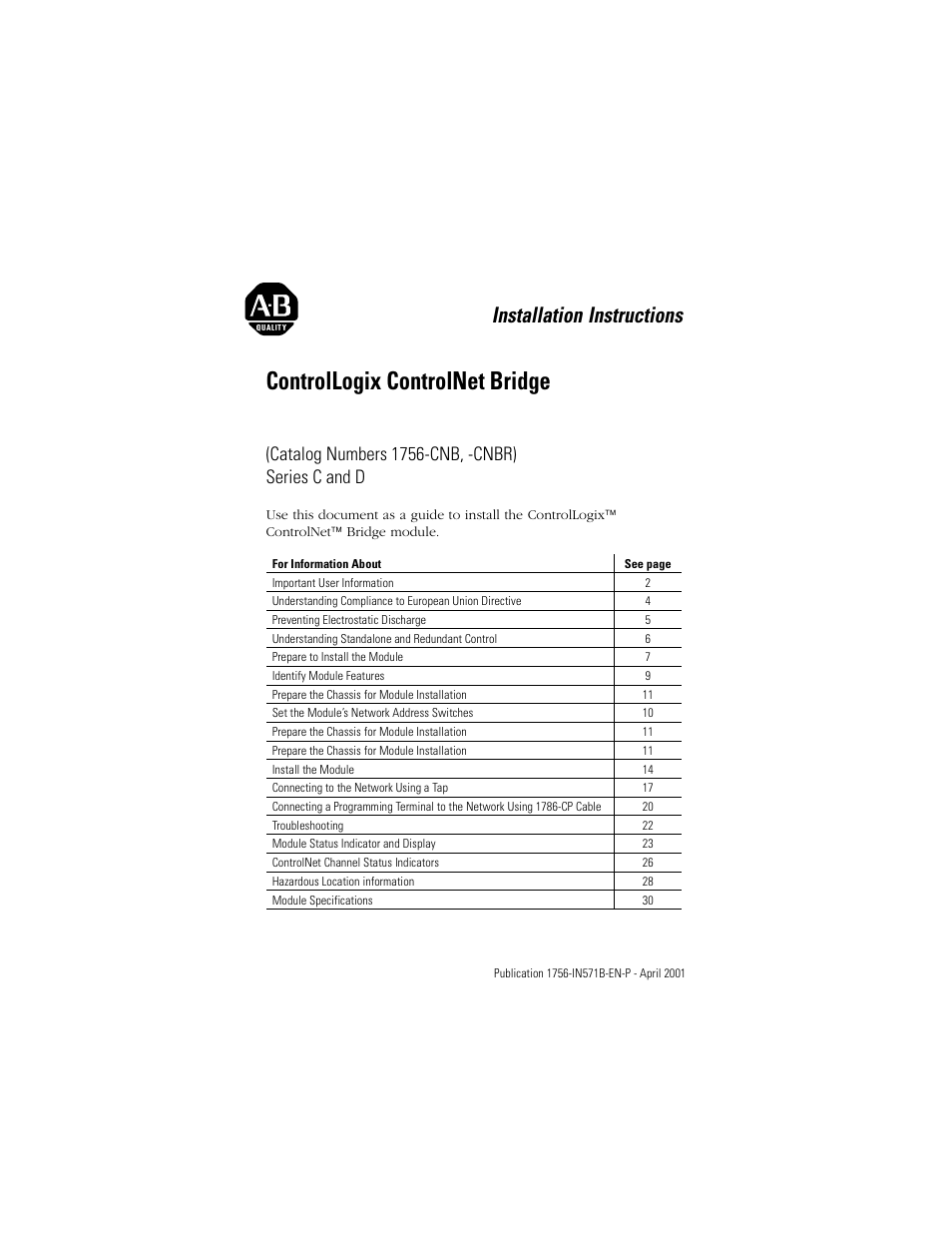 Rockwell Automation 1756-CNB ControlLogix ControlNet Bridge Module Installation Instructions User Manual | 32 pages